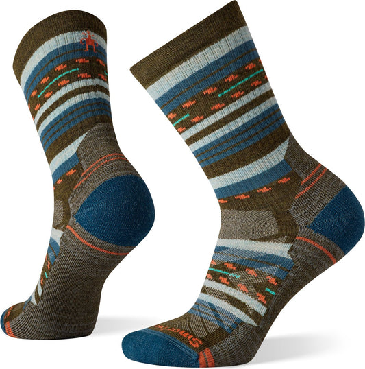 Pair of striped hiking socks in muted blue, green, and brown tones.