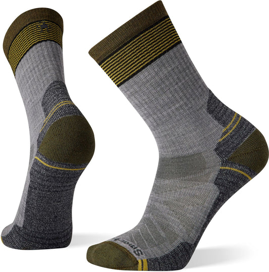 Two hiking socks in gray with dark olive green highlights, showing both lateral and medial sides. 