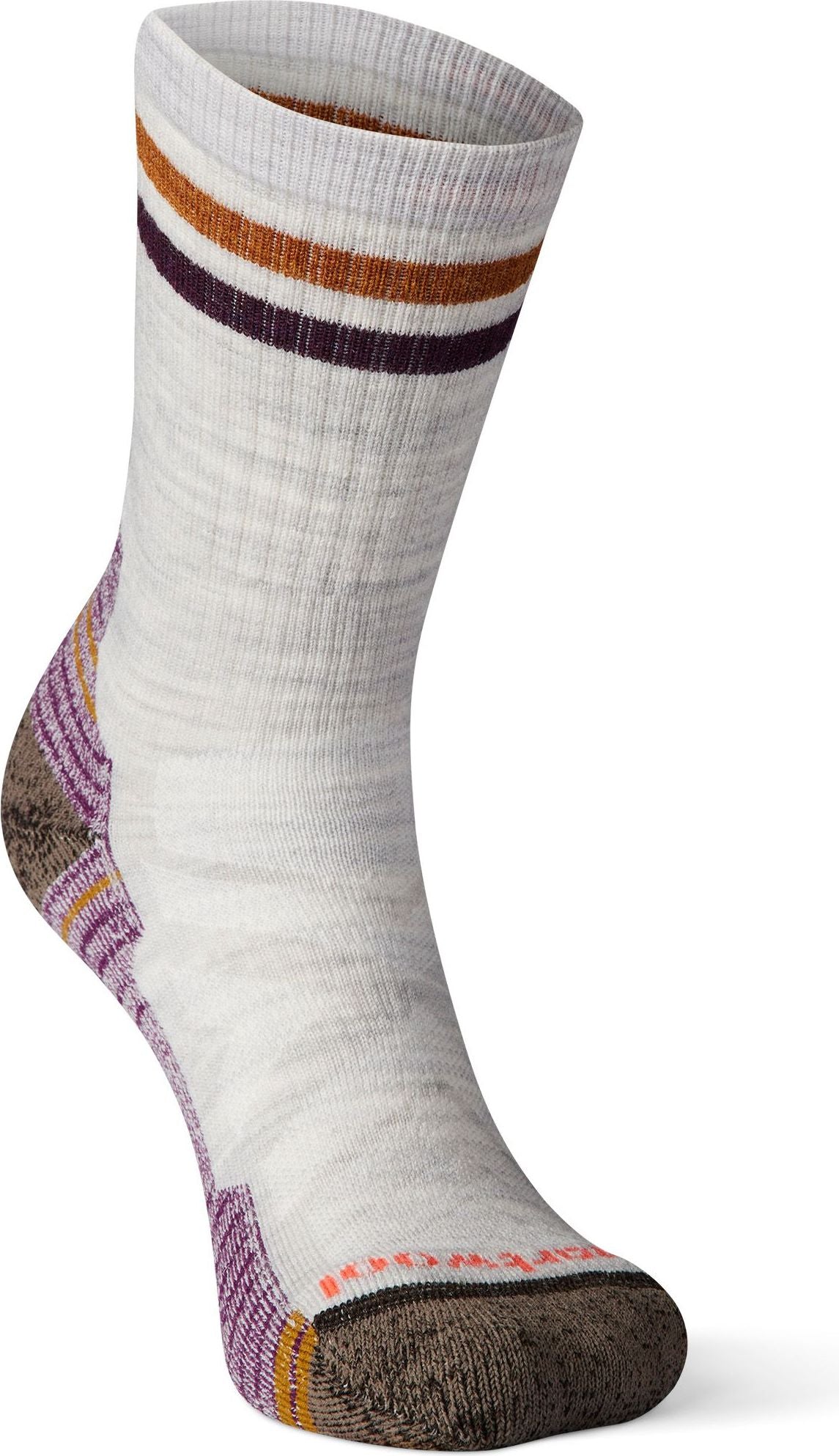 Off-white wool sock with brown and purple stripes at the top and reinforcement at the toe and heel.