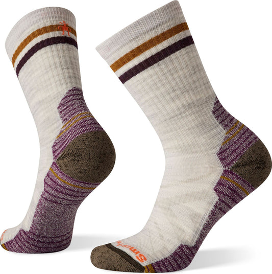 Pair of white, crew-length socks with brown, orange and purple detailing.