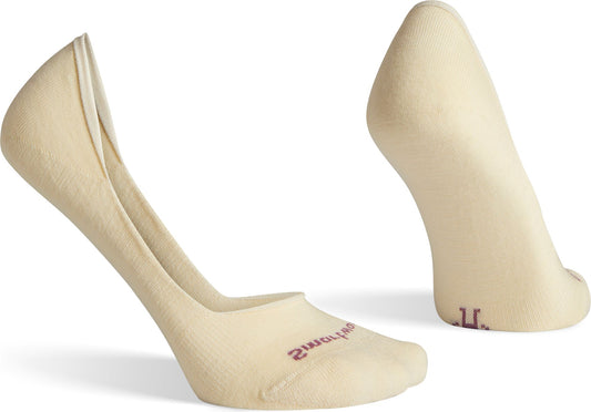 Pair of light beige, no-show, women's socks; one sock has "awalone" printed on it