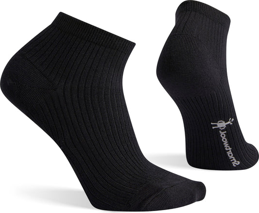 Two black ankle-high ribbed socks, with a logo on the heel of one sock.