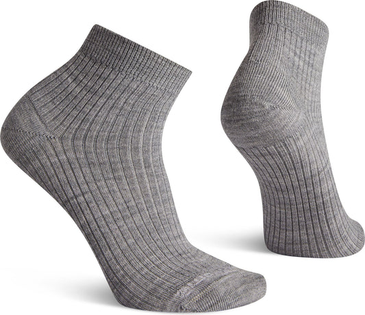 Two gray ribbed socks, one on its side, one in a standing position.