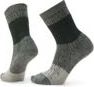 A pair of gray wool socks with a black band around the upper portion.