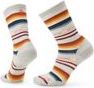 Pair of socks with horizontal stripes of white, brown, orange, and blue.