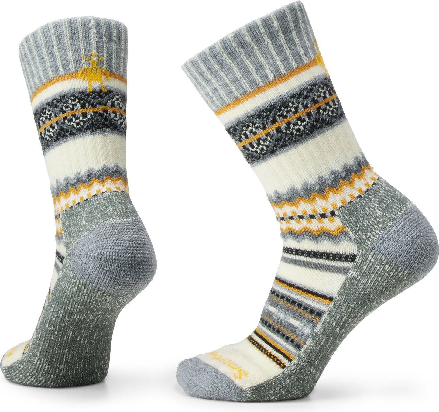 A pair of white and grey socks with geometric and striped patterns.