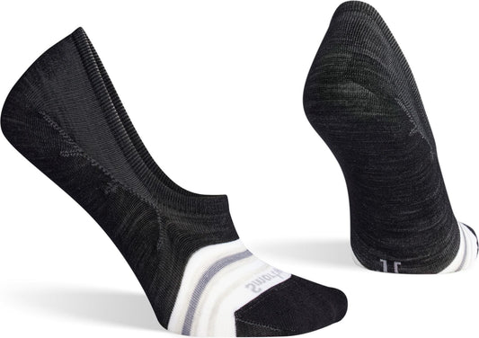 Two black no-show socks with white and gray stripes.