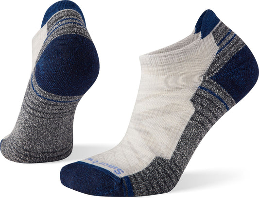Pair of low-cut socks with blue heel and toe, gray and white body and logo on front