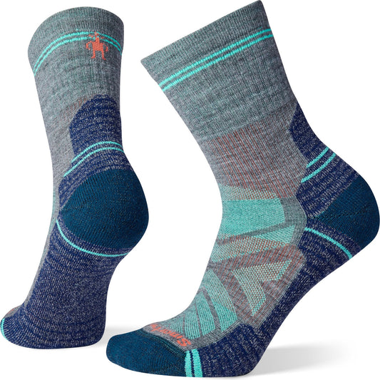 Two crew socks with reinforced heel and toe, gray and blue color, and textured pattern.