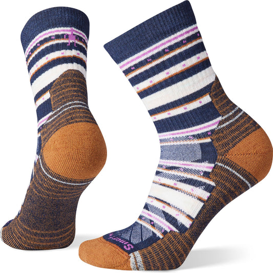 Pair of crew socks with striped patterns and a brown heel.