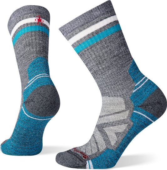 Two gray socks with blue toe, heel, and decorative sections; each sock has two horizontal stripes in white and blue at the top.