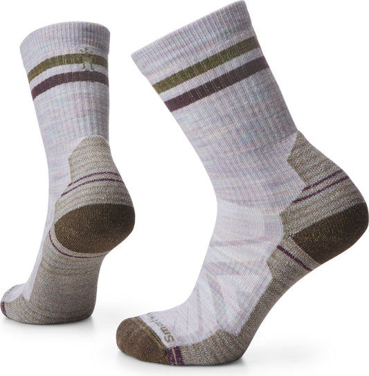 Two wool socks, light gray with brown heel and toe, and thin brown and green stripes at top.