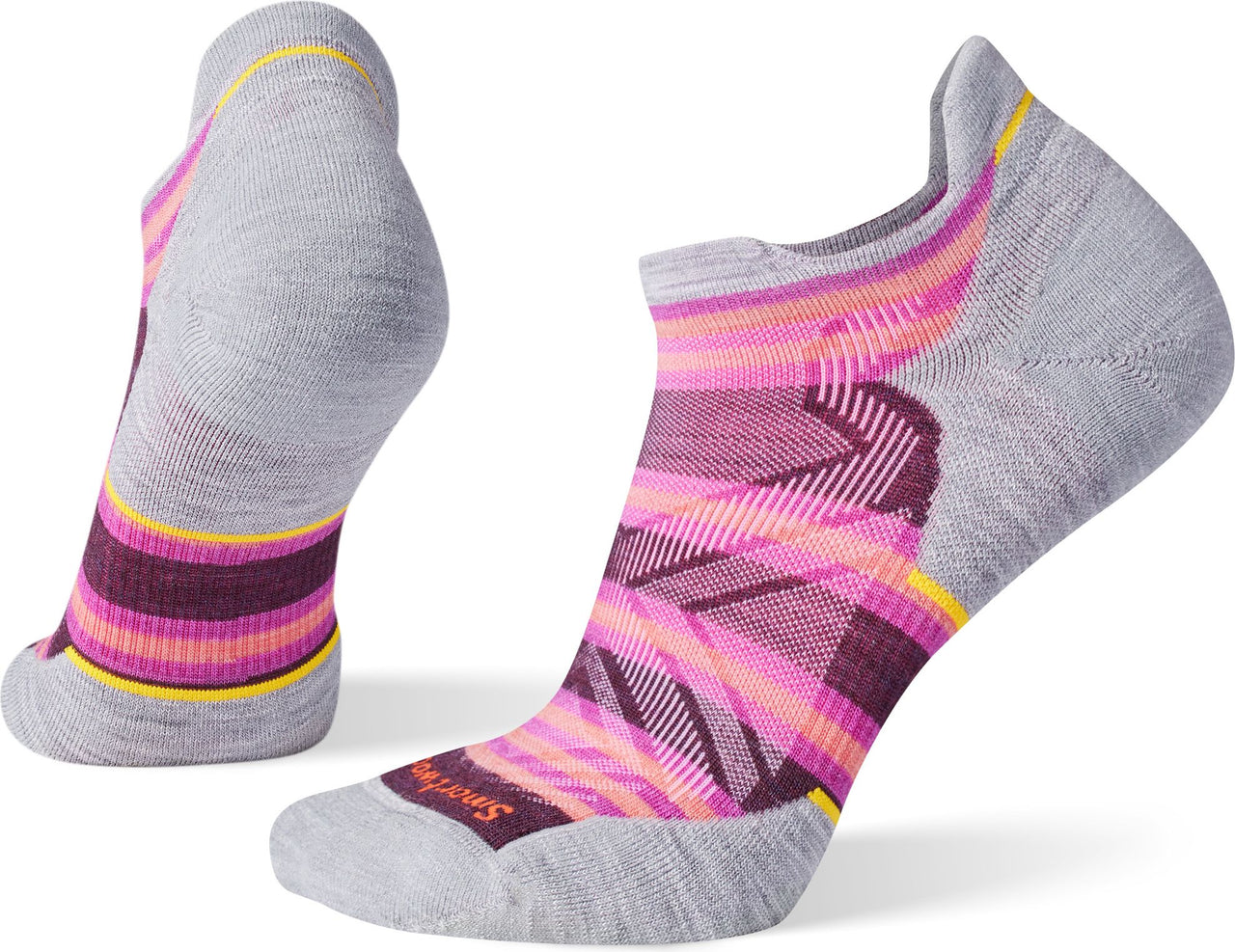 Pair of gray running socks, one standing on its heel, decorated with purple, pink, and orange stripes.