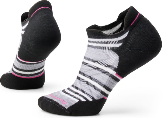 A pair of black, gray and white striped socks.