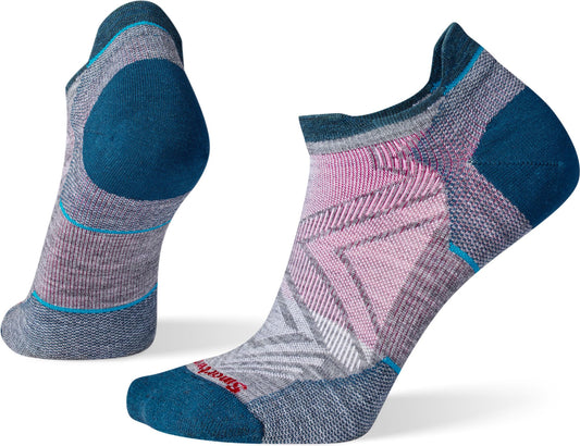 Two grey socks with pink and blue accents, one angled and one upright, featuring a diamond pattern.