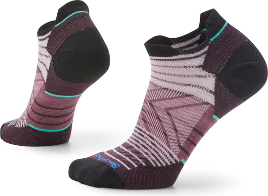 Pair of no-show socks in light purple and white stripes with a black toe and heel.