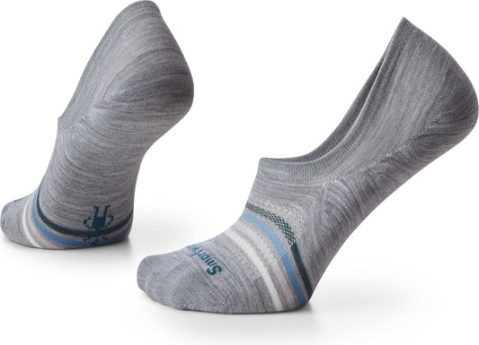 Two gray, striped, no-show socks are shown, one lying on its side, and the other standing on its heel.