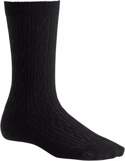 Black sock with cable knit pattern.