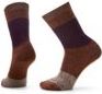 Pair of brown hiking socks with grey toe and heel and dark brown stripes.
