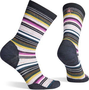 Pair of crew socks with horizontal colored stripes and dark gray heel and toe.