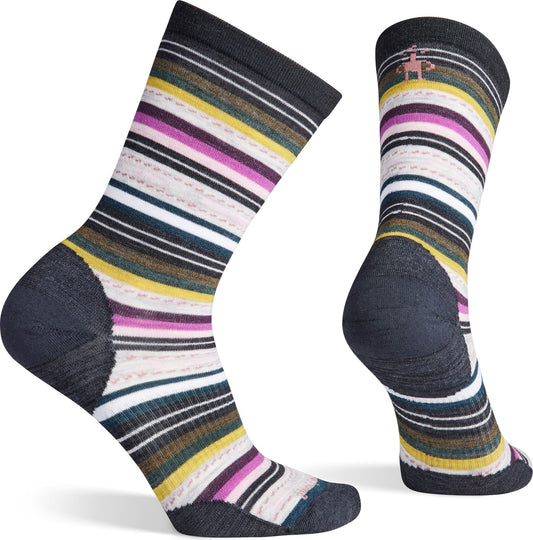 Pair of crew socks with horizontal colored stripes and dark gray heel and toe.