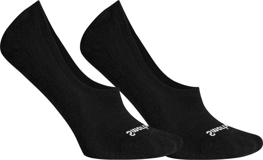 A pair of low-cut black socks with white text on the toe.