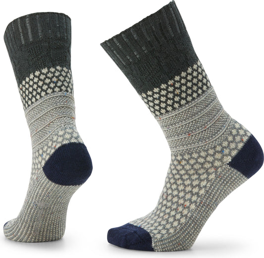 Two knit socks, one facing front and the other facing back, with a dark gray ribbed band, small white cross pattern on light gray, horizontal lines, light gray body, and dark blue toe and heel.