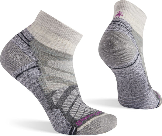 Two heathered gray and white ankle socks with a magenta logo.
