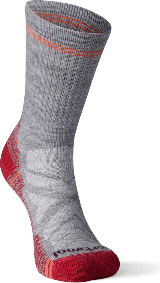 Gray wool sock with red heel and toe, and orange stripe at the top.