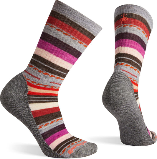 Pair of crew socks with colorful horizontal stripes.