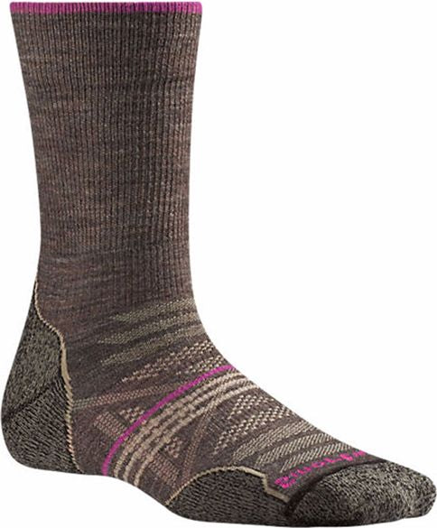Brown wool sock with a pink stripe and a patterned foot.