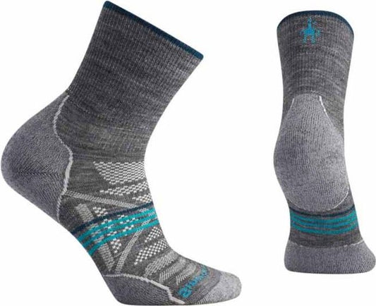 Gray wool socks with blue-green accents, crew length.