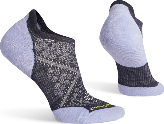 A pair of low-cut socks with a lilac toe, heel, and ankle section, and a dark gray knit pattern foot section.
