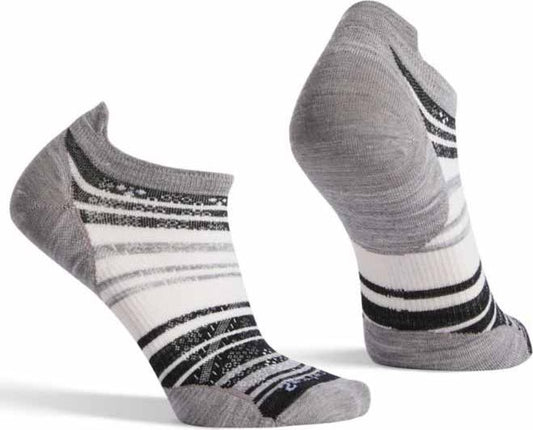 Pair of low-cut socks with gray heels and toes, patterned with horizontal stripes of black, white, and patterned gray.