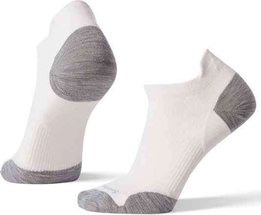 Two white low-cut socks with gray heel and toe.