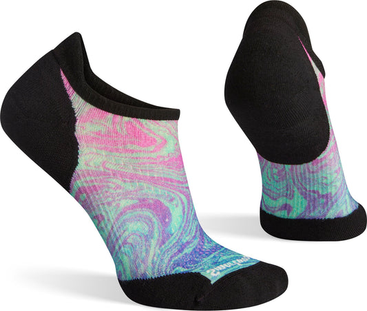 Two no-show socks, one side and one angled rear view; sock has a black toe, heel and upper cuff; sock body has a swirled pattern of shades of blue, pink, and teal.