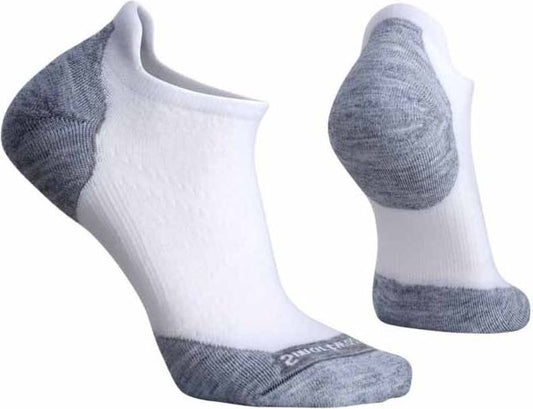 Two white athletic socks with gray heel and toe, one facing forward, one facing backwards