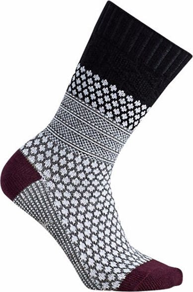 Crew sock, knit in white diamond pattern on gray, with maroon toe and heel and black cuff with knit lines.