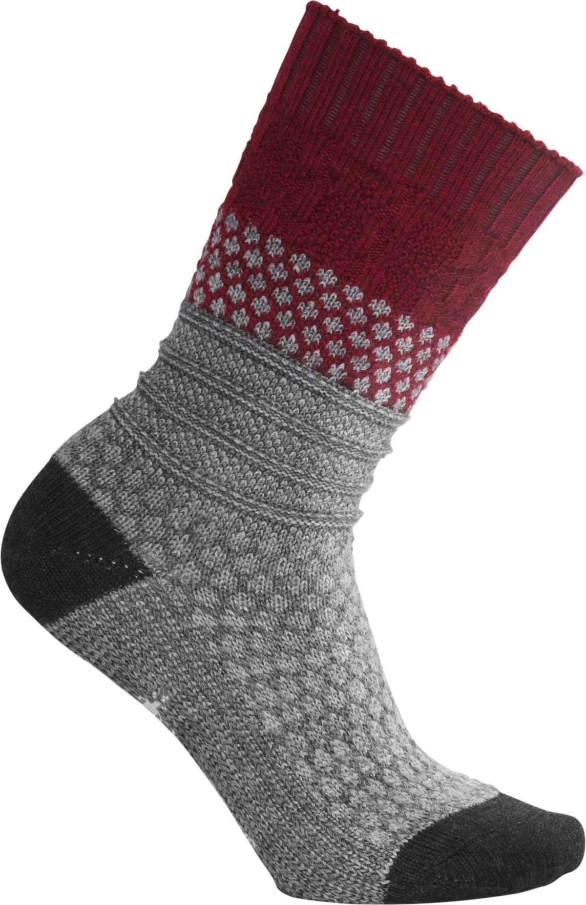 Wool sock is gray with a red cuff. It has gray and red diamond patterns at the cuff and gray patterns along the body of the sock. The toe and heel are black.