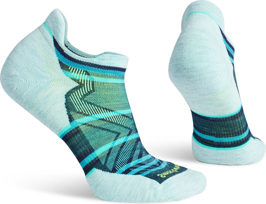Two light blue low-cut socks with dark blue and green accents. One sock shows the side view, while the other shows the back.