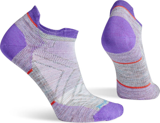 Two no-show socks, light gray, lavender purple heel, ankle, and toes, with a chevron pattern around the foot arch and stripe detail at the ankle.