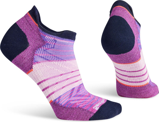 Two low-cut performance socks, each featuring a pattern of pinks, purples, and navy blue.