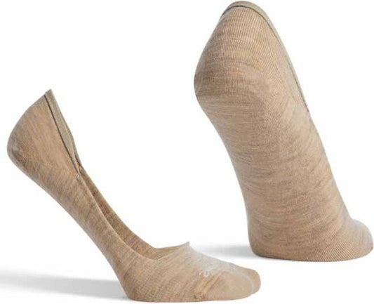 Two beige no-show socks; one sock is posed upright and the other on its side to show the shape.