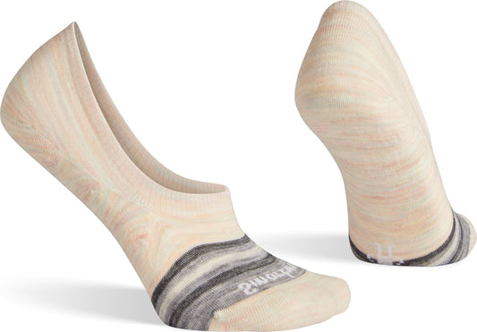 Two off-white no-show socks, one laying on its side and the other standing up, each with a gray striped toe.