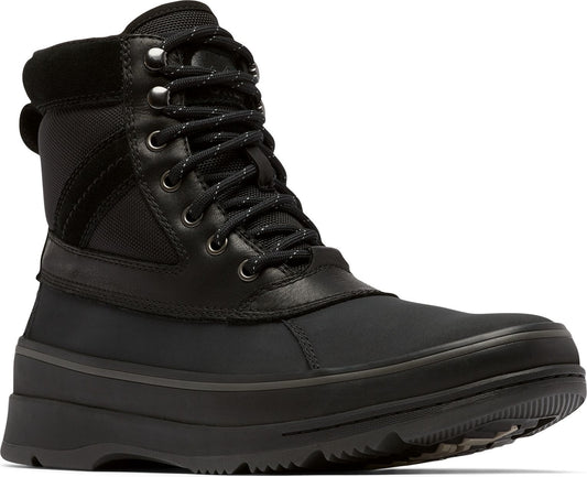 A black, high top boot with a lace-up closure and dark metal eyelets.