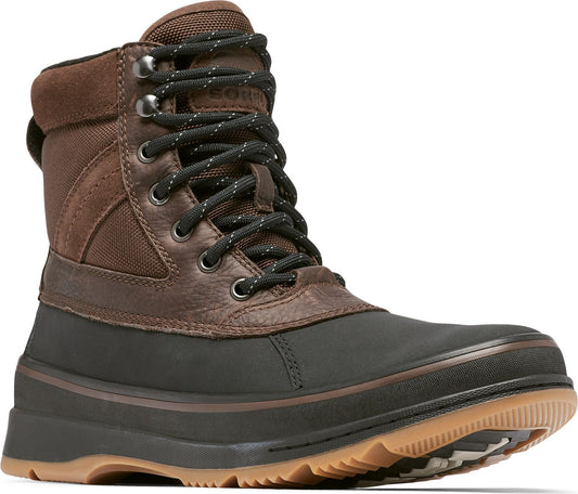 Brown and black boot with eyelets and laces.