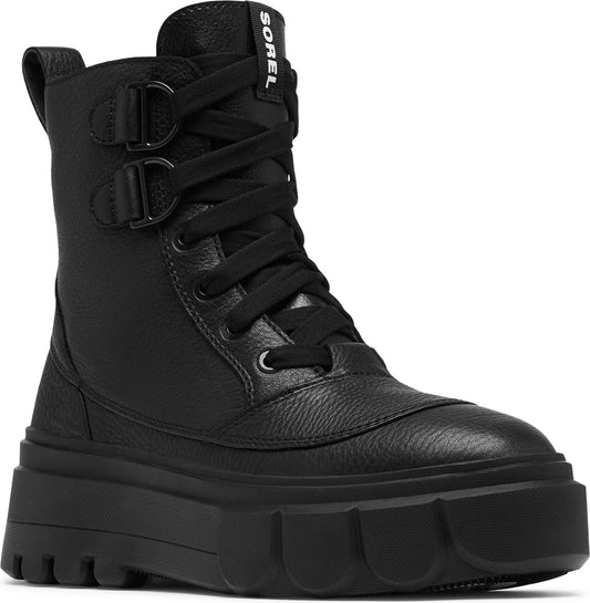Black high-top boots with laces and two decorative straps and buckles on the side. The word "SOREL" is seen on the tongue of the boot.