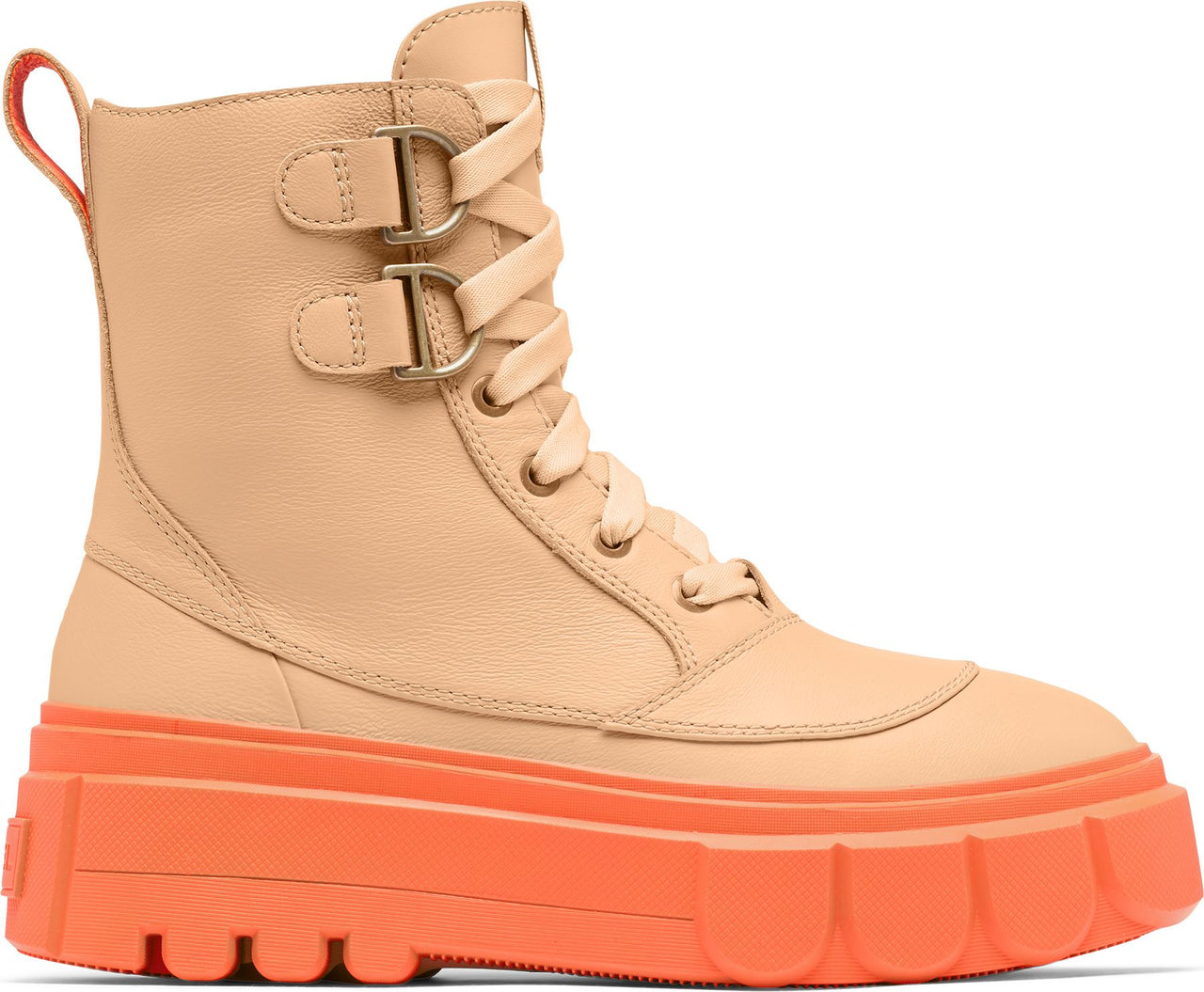 A women's beige leather lace-up boot with bronze buckles and an orange lug sole.