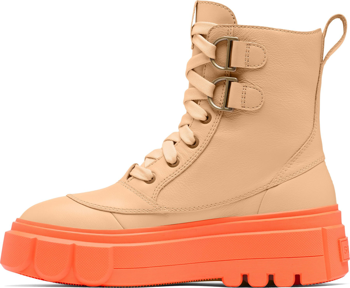 Tan leather combat boot with orange platform sole, lace-up closure, and buckle detail.