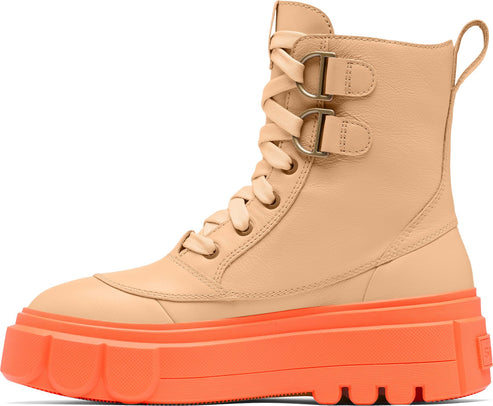 Tan leather combat boot with orange platform sole, lace-up closure, and buckle detail.
